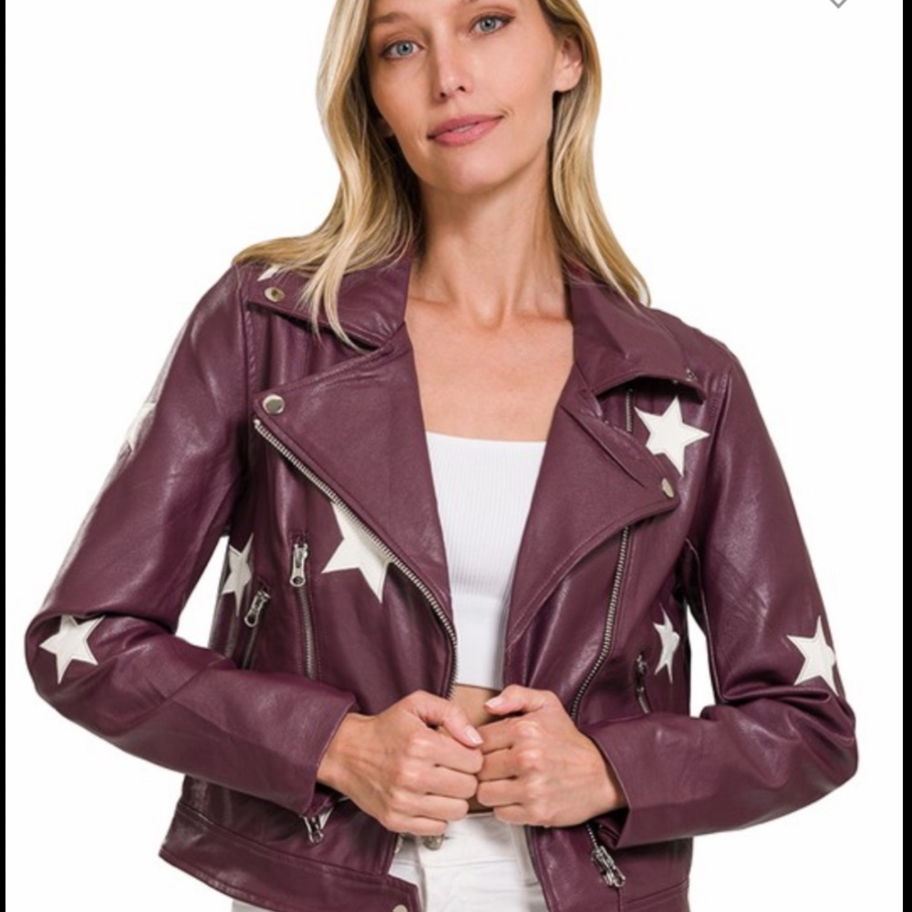 NEW BOUTIQUE Vegan leather star jacket and burgundy